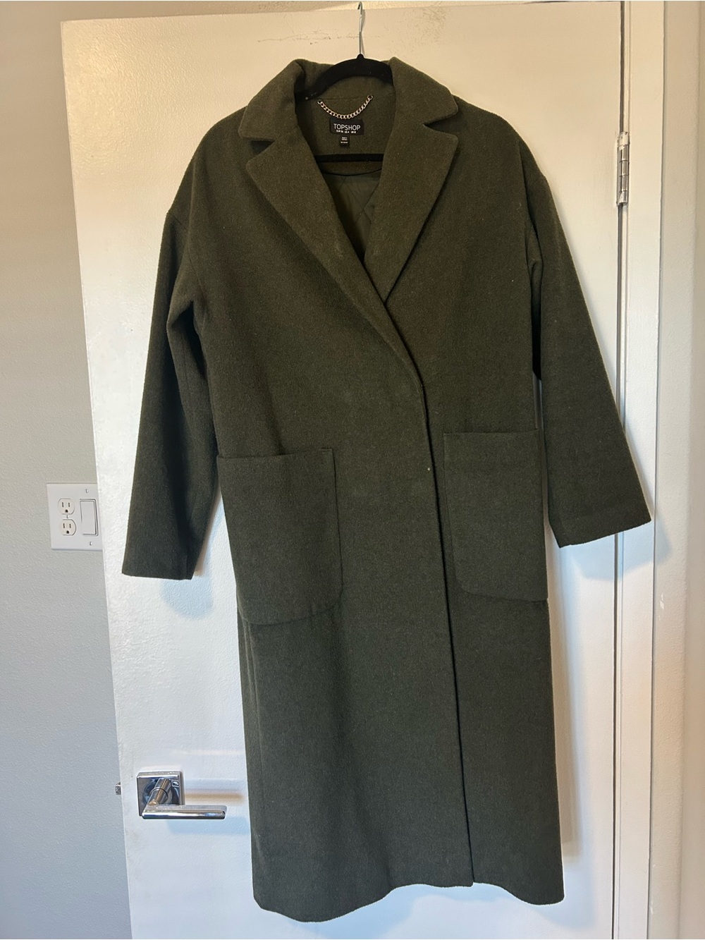 Topshop Olive Green Long Wool-Blend Coat